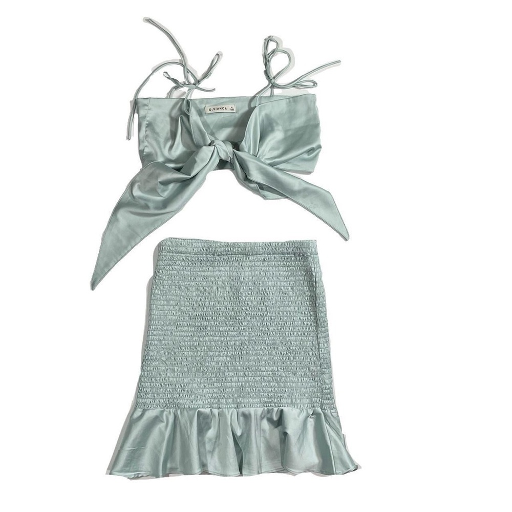 Light Blue Satin SmockedTwo Piece Set Tie Front Ruffle Skirt